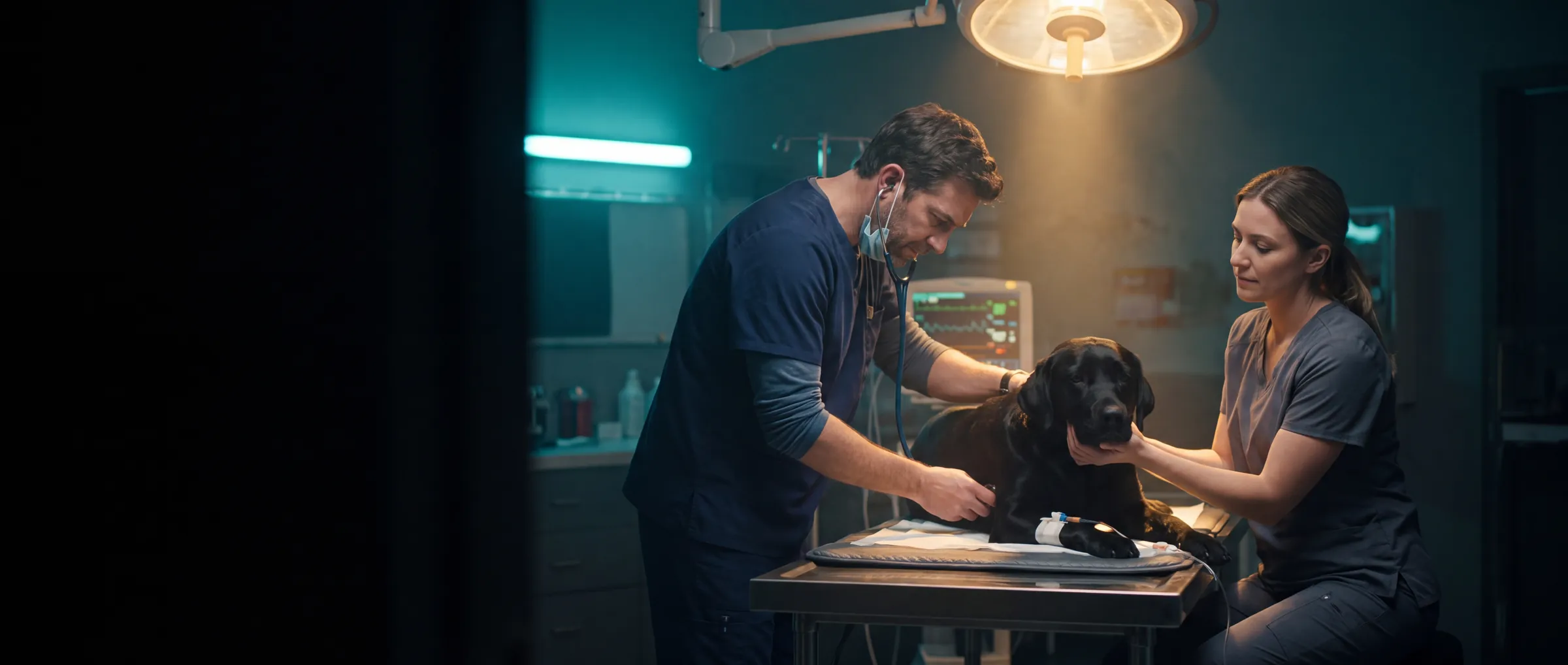 At 2 a.m., an emergency veterinarian listens to a Labrador's chest while a technician steadies him